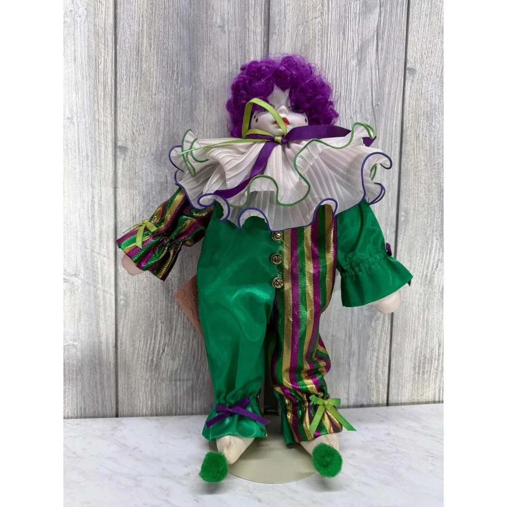 Betty Jane Carter Musical Porcelain Clown Doll Mardi Gras Purple Green Gold 16